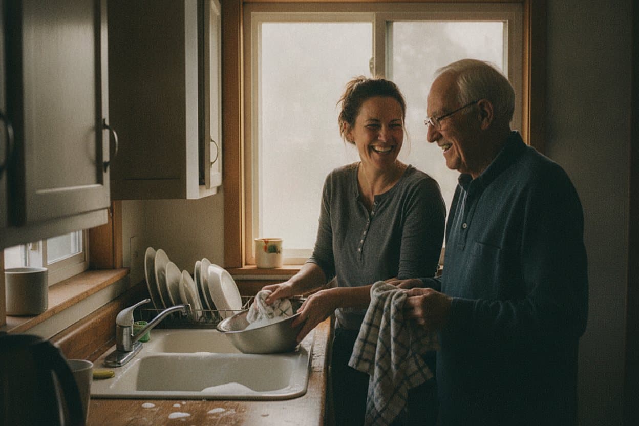 Caregiver and senior laughing in kitchen