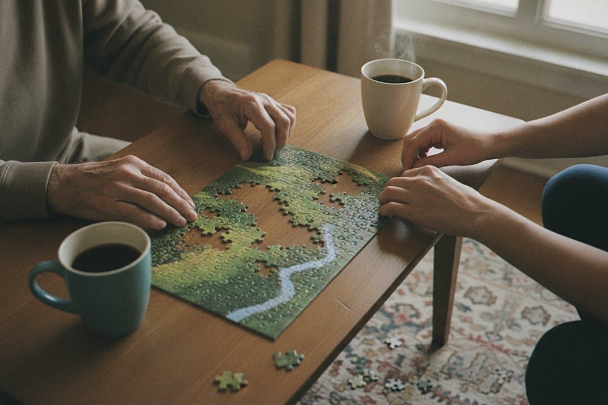 Senior working on puzzle with caregiver