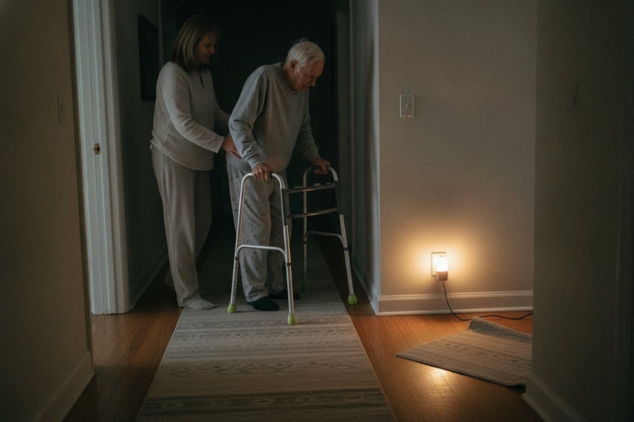 Caregiver guiding senior through home hallway