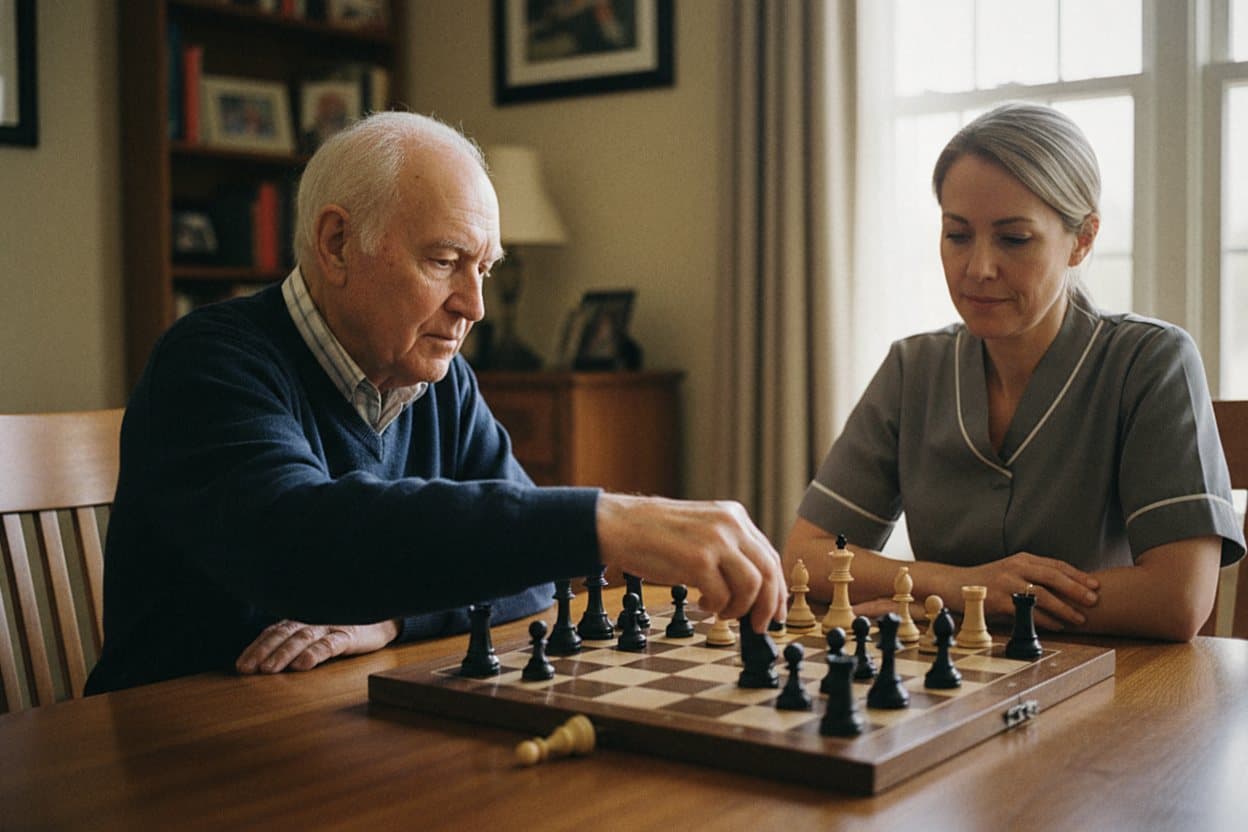 Veteran playing chess with caregiver